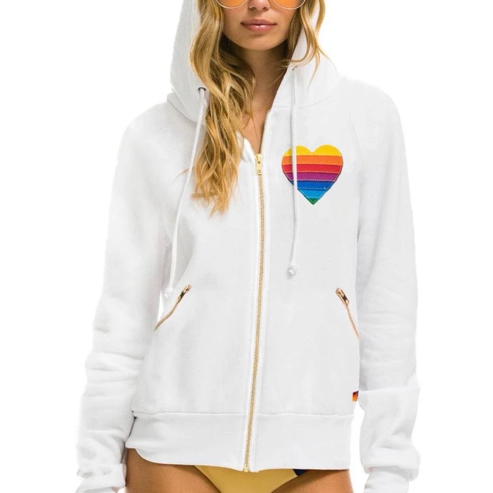 Aviator Nation White Hoodie with Rainbow Patch (unisex)